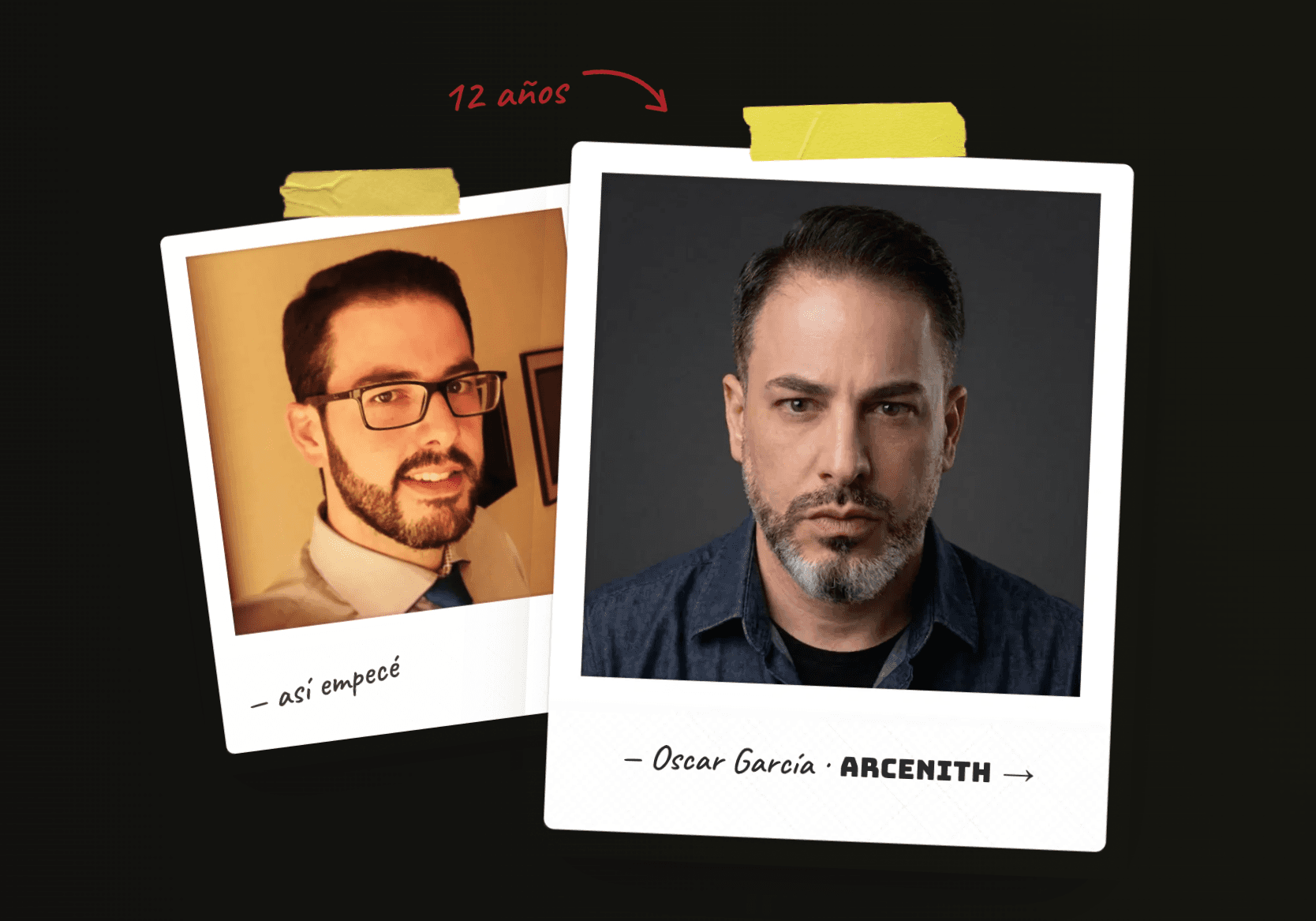 Dos polaroids: «así empecé», con gafas, y Oscar García hoy, en Arcenith. 12 años entre una y otra.