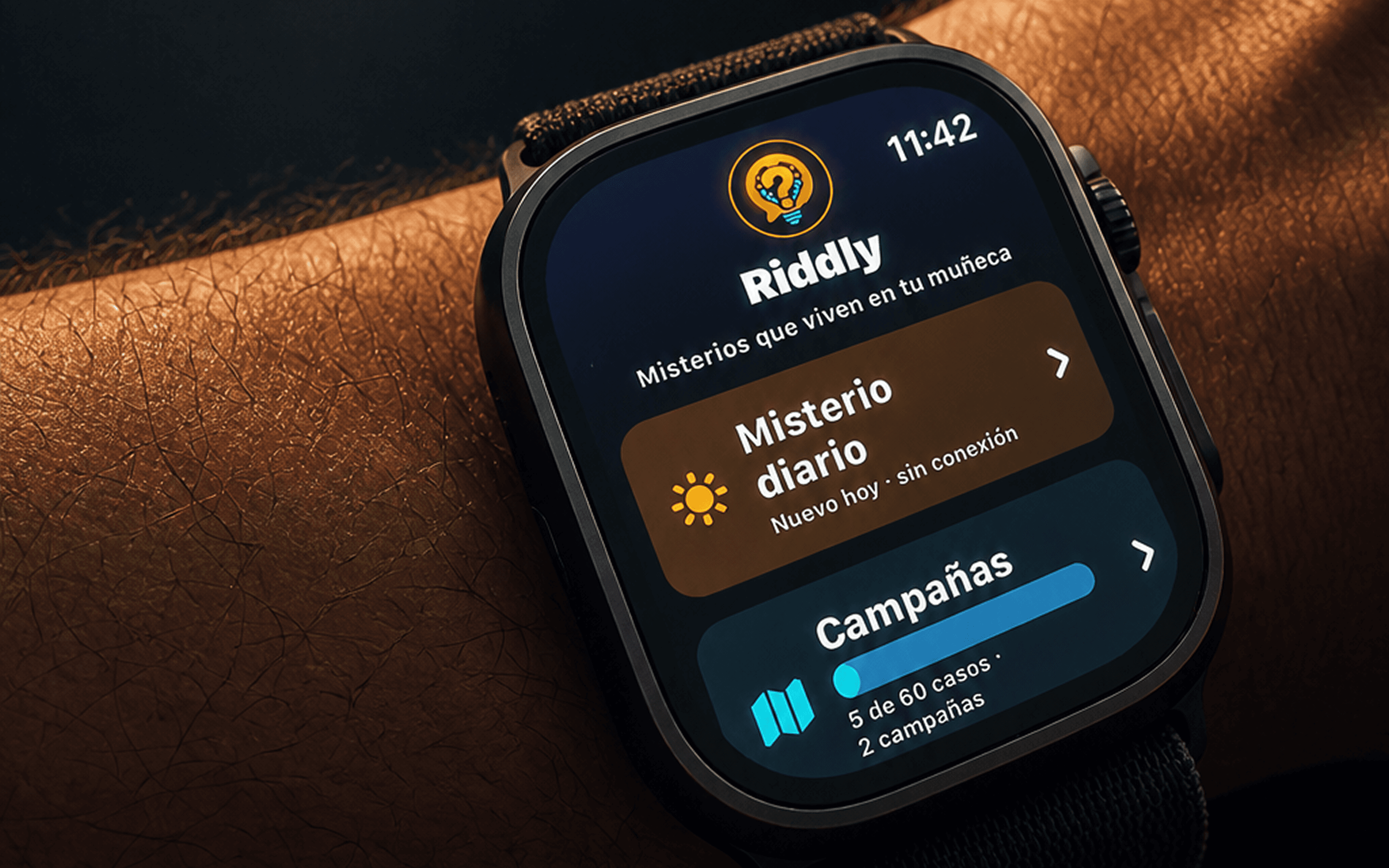 Riddly en la pantalla de un Apple Watch: el misterio diario y las campañas