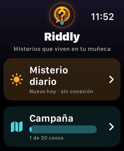Pantalla principal de Riddly en Apple Watch, con el misterio diario y la campaña